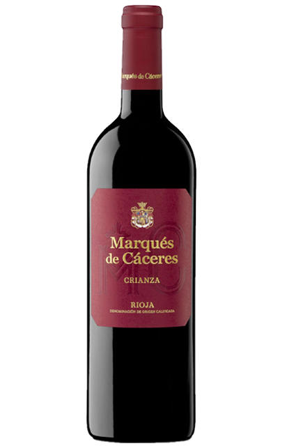 Botella de vino tinto Marques de Caceres Rioja con una variedad de uvas Tempranillo mayoritariamente, con pequeños aportes de Garnacha Tinta y Graciano