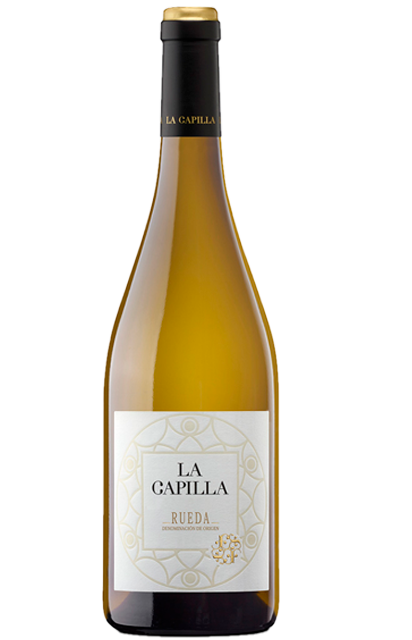 Botella de Vino Blanco La Capilla con variedades de uvas 50%% Verdejo, 50% Sauvighon Blanc