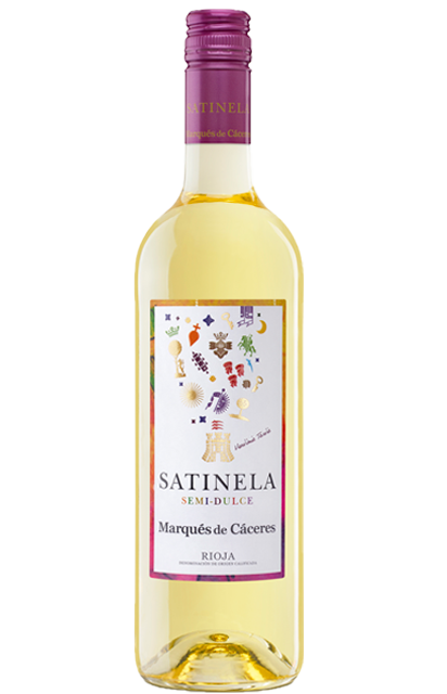 Botella de vino rioja Santinela Semi Dulce: con una variedad de uvas 95% Viura, 5% Malvasía, 11.5% alcohol.