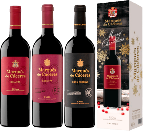 Botellas de vinos Marques de Caceres Rioja con una variedad de uvas Tempranillo mayoritariamente, con pequeños aportes de Garnacha Tinta y Graciano
