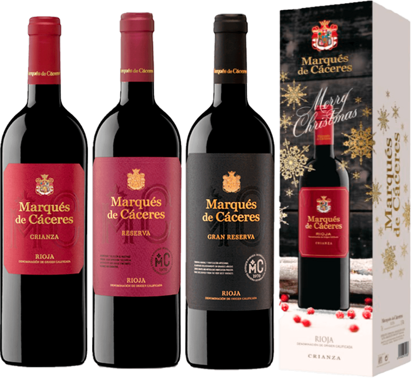 Botellas de vinos Marques de Caceres Rioja con una variedad de uvas Tempranillo mayoritariamente, con pequeños aportes de Garnacha Tinta y Graciano