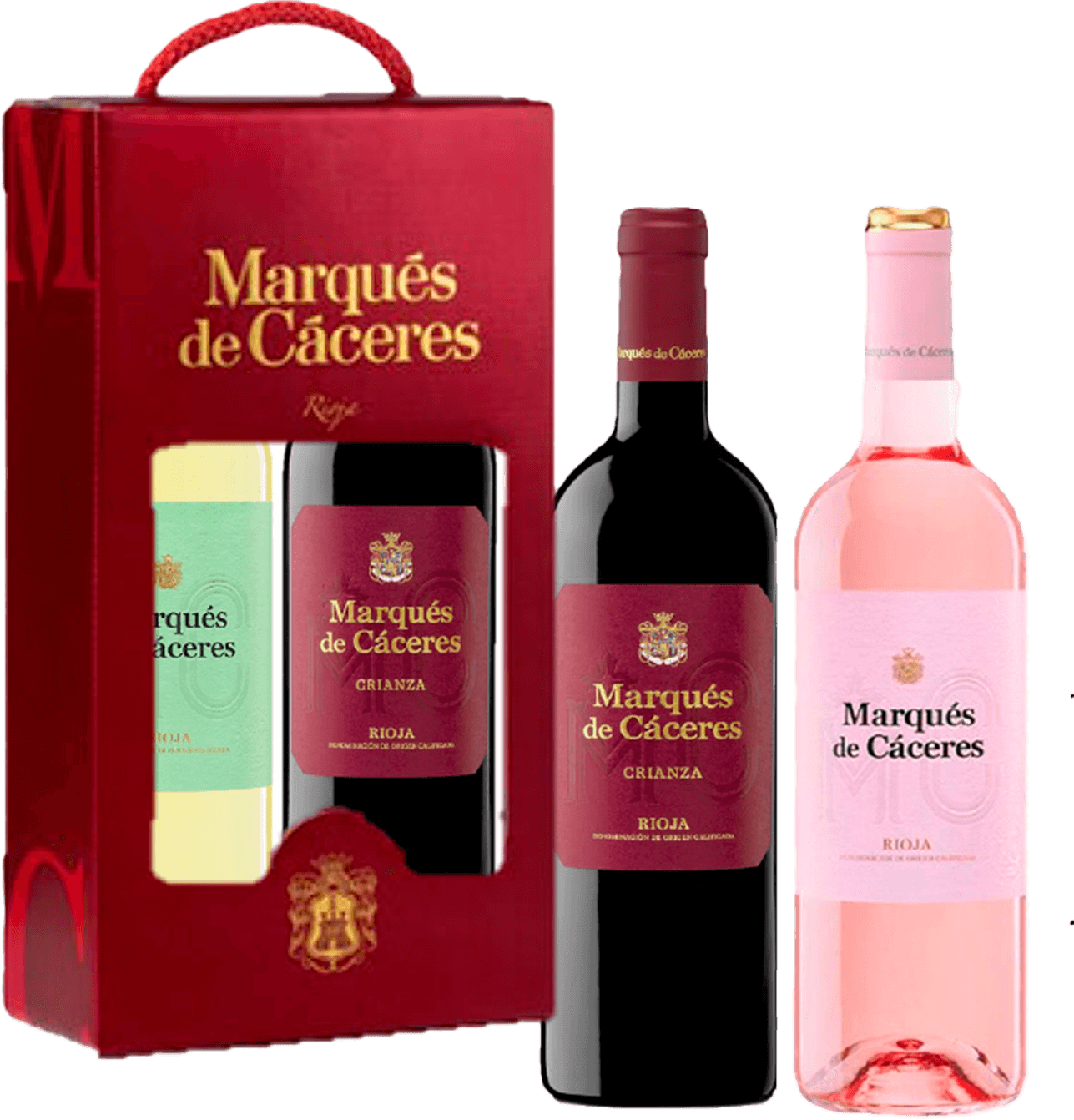 Botellas de vinos Marques de Caceres Rioja con una variedad de uvas Tempranillo mayoritariamente, con pequeños aportes de Garnacha Tinta y Graciano